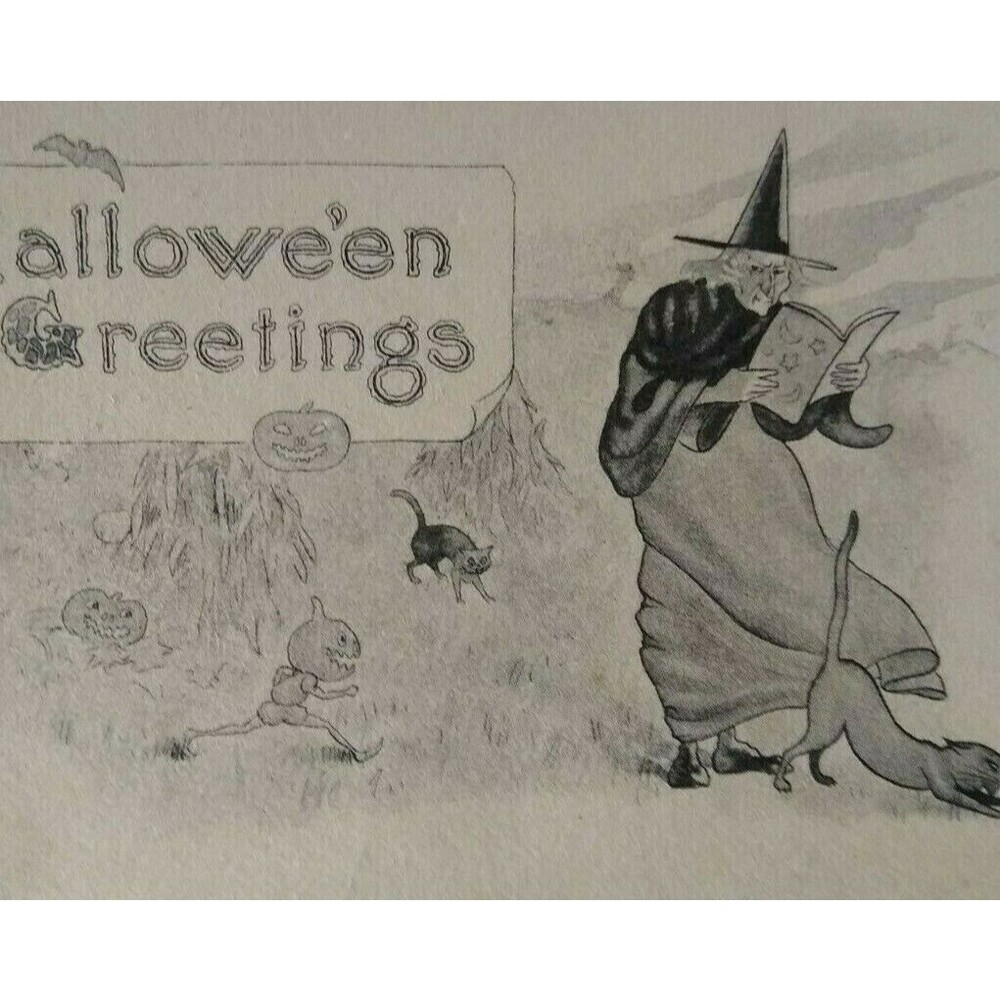Halloween Postcard Fantasy Running Goblins Witch Black Cat Hay Barton & Spooner